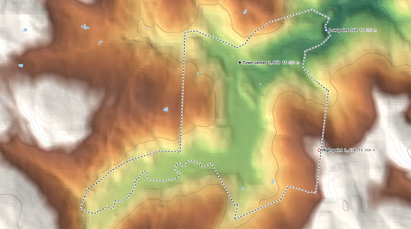 Topographic elevation map of South Woodstock, Vermont, shaded from 960 ft on the east side to 1,470 ft at the foot of the Coolidge Range