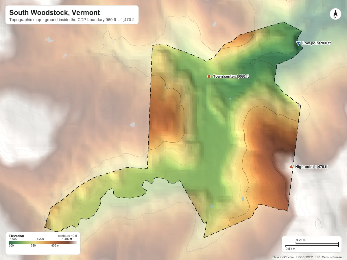Topographic elevation map of South Woodstock, Vermont, shaded from 960 ft on the east side to 1,470 ft at the foot of the Coolidge Range