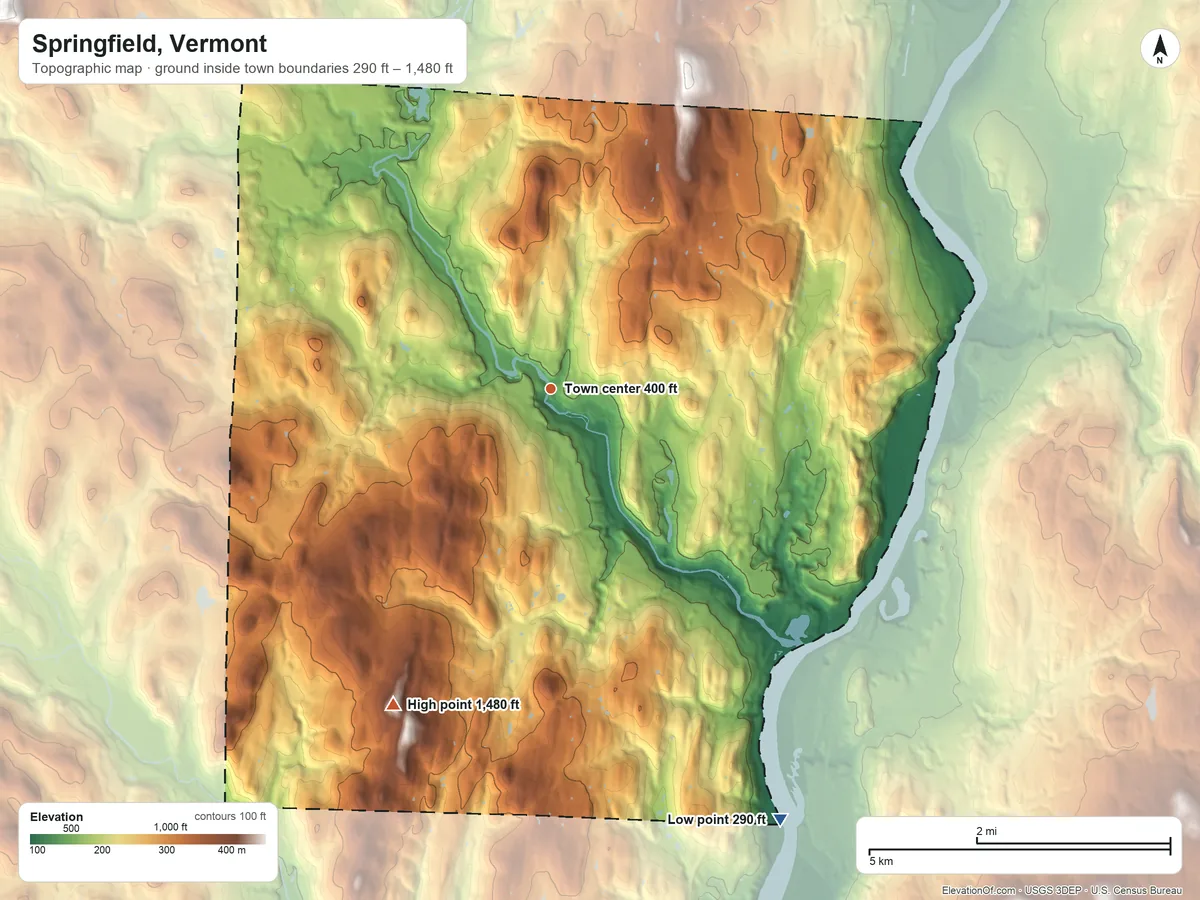 Topographic elevation map of Springfield, Vermont, shaded from 290 ft on the southeast side to 1,480 ft on Mount Ephraim