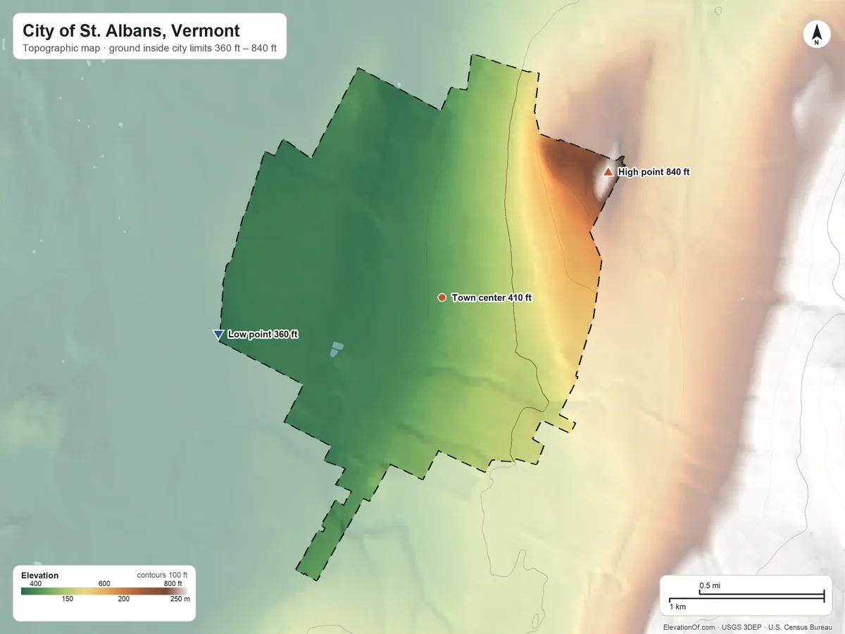 Topographic elevation map of City of St. Albans, Vermont, shaded from 360 ft on the west side to 840 ft on Aldis Hill