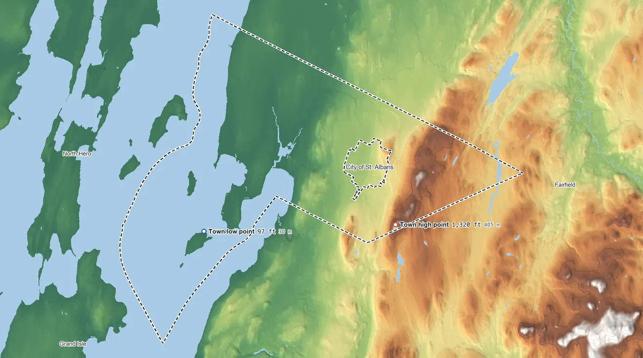 Topographic elevation map of St. Albans, Vermont, shaded from 97 ft on the southwest side to 1,322 ft on Bellevue Hill