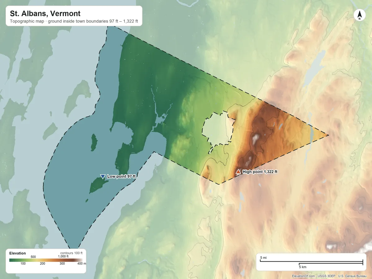Topographic elevation map of St. Albans, Vermont, shaded from 97 ft on the southwest side to 1,322 ft on Bellevue Hill