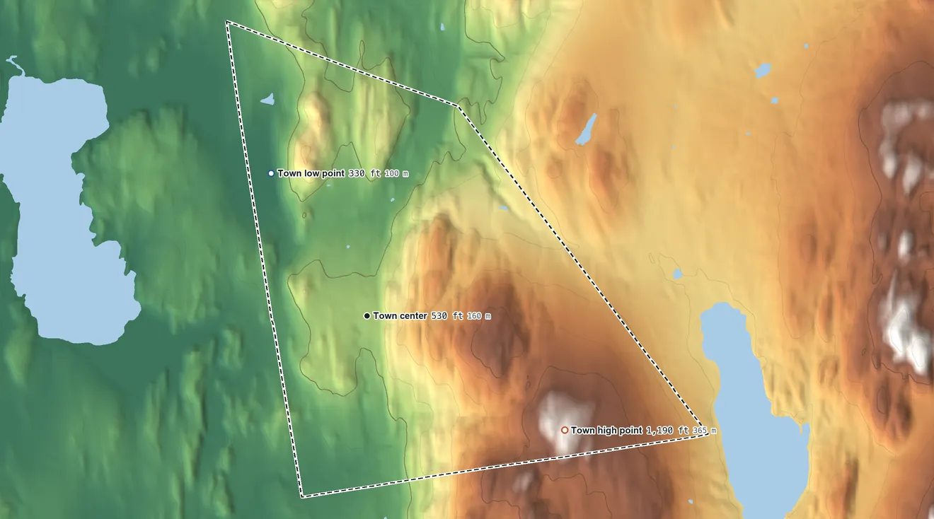 Topographic elevation map of St. George, Vermont, shaded from 330 ft on the northwest side to 1,190 ft on Mount Pritchard