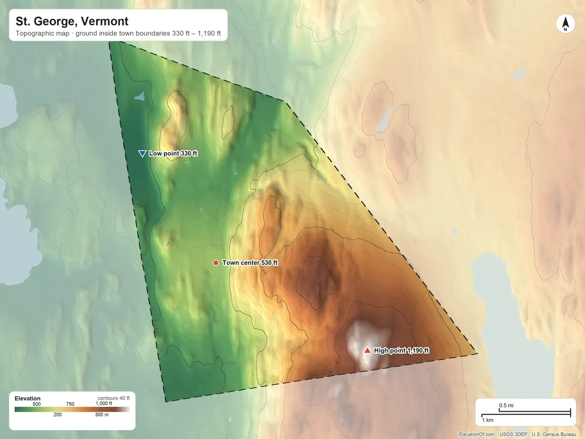 Topographic elevation map of St. George, Vermont, shaded from 330 ft on the northwest side to 1,190 ft on Mount Pritchard