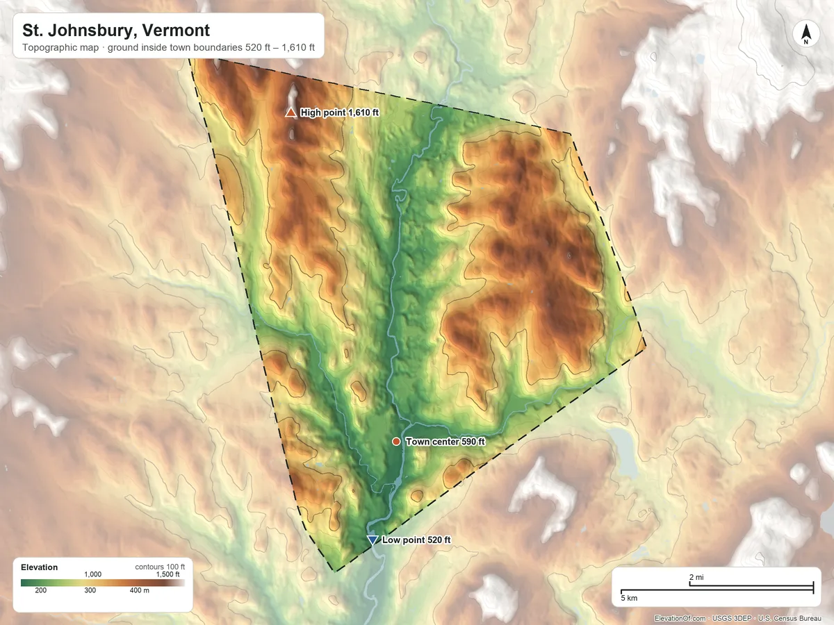 Topographic elevation map of St. Johnsbury, Vermont, shaded from 520 ft on the south side to 1,610 ft on the north side