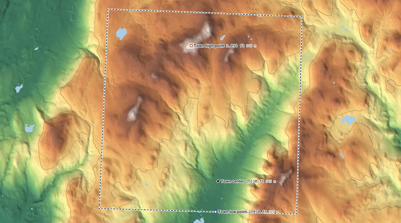 Topographic elevation map of Stamford, Vermont, shaded from 1,070 ft on the south side to 3,090 ft on Houghton Mountain