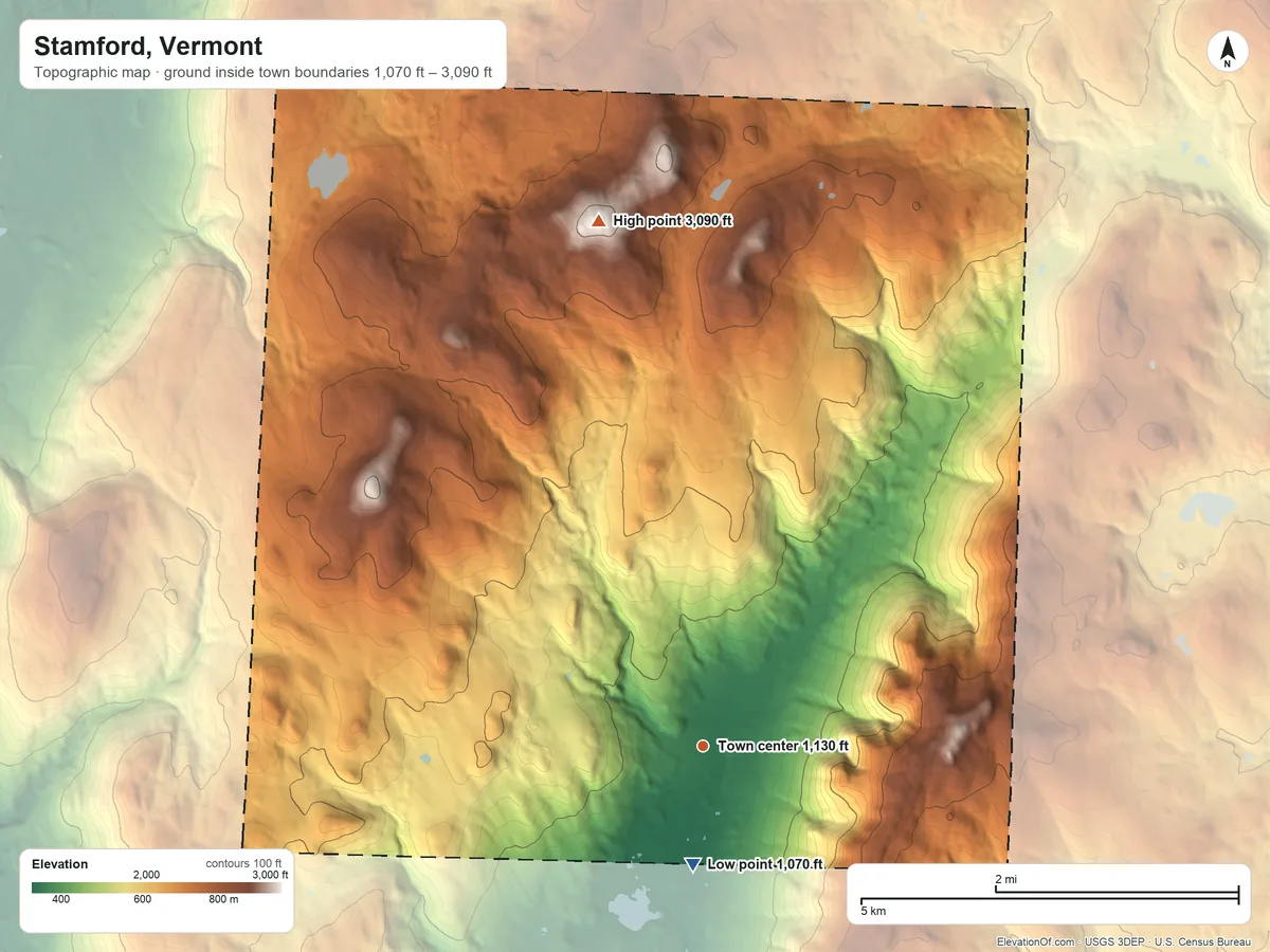 Topographic elevation map of Stamford, Vermont, shaded from 1,070 ft on the south side to 3,090 ft on Houghton Mountain