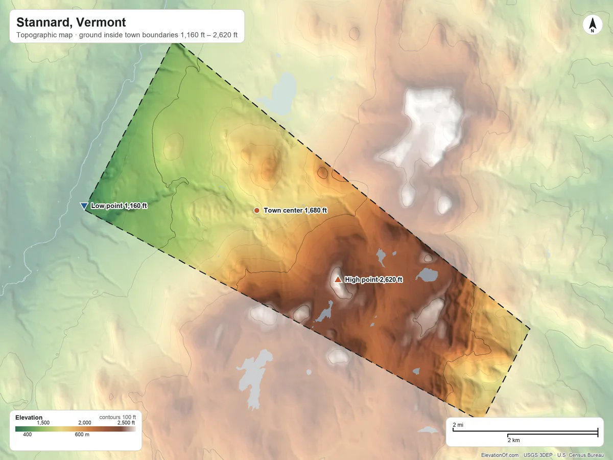 Topographic elevation map of Stannard, Vermont, shaded from 1,160 ft on the west side to 2,620 ft on Stannard Mountain
