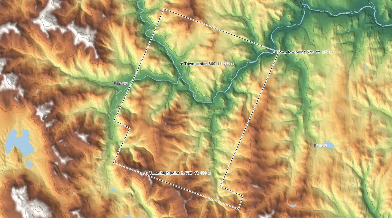 Topographic elevation map of Stockbridge, Vermont, shaded from 570 ft on the east side to 2,790 ft on the south side