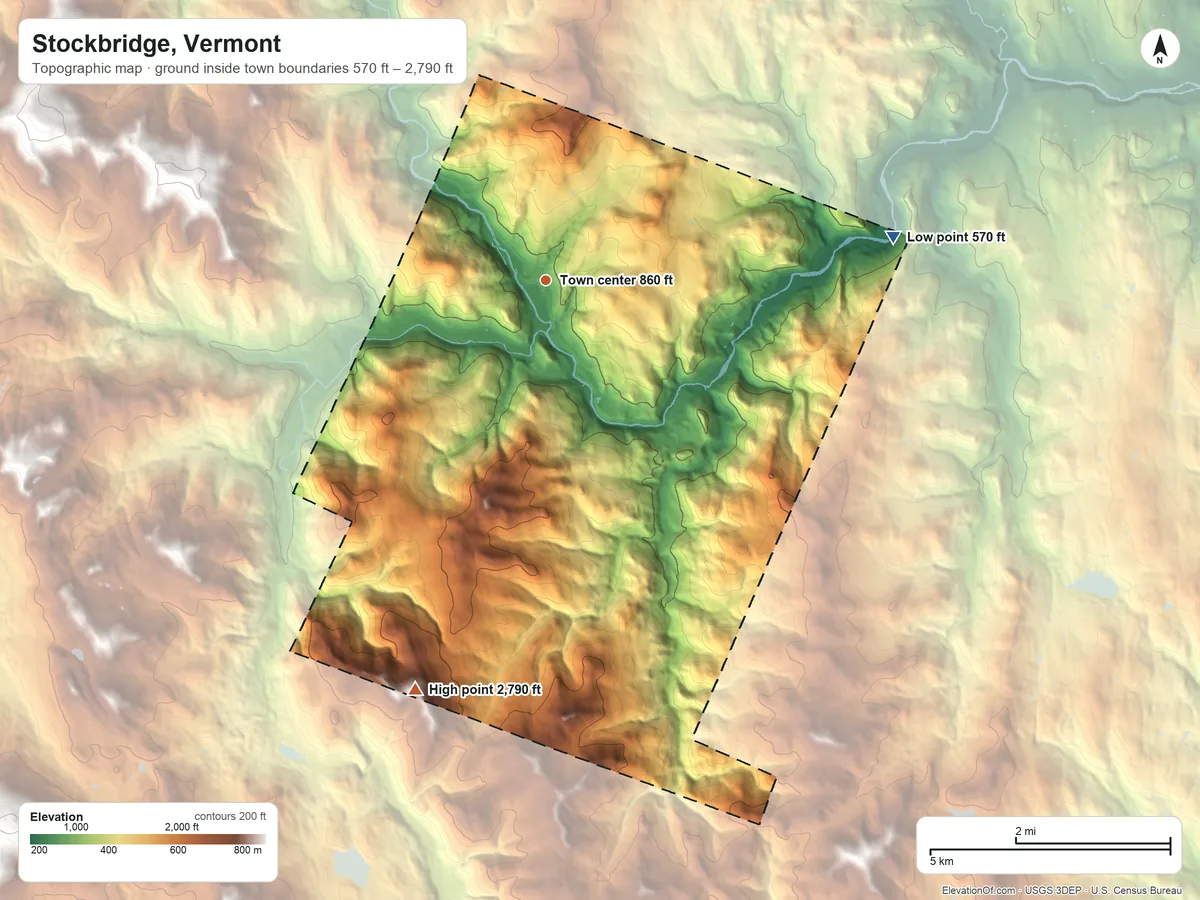 Topographic elevation map of Stockbridge, Vermont, shaded from 570 ft on the east side to 2,790 ft on the south side