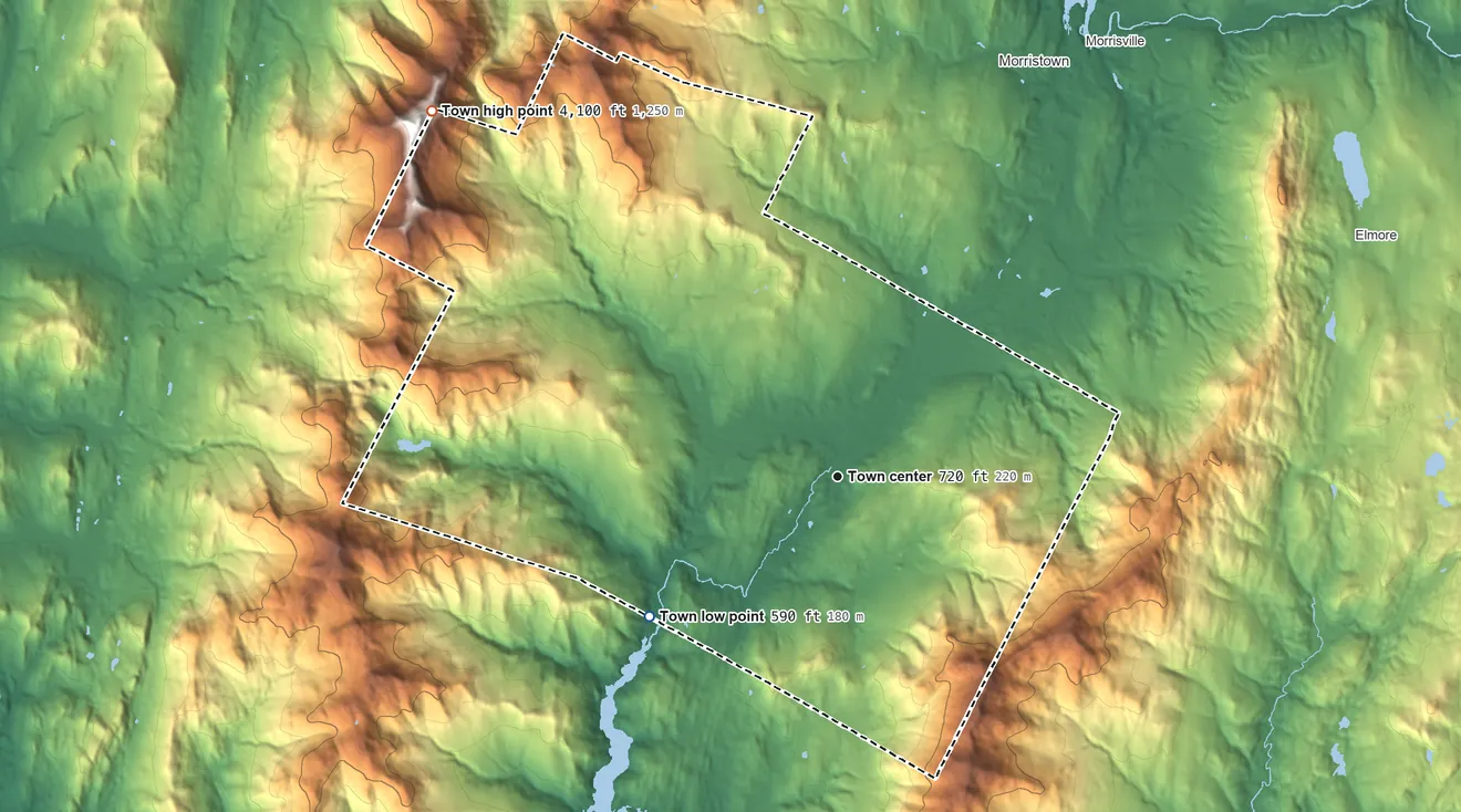 Topographic elevation map of Stowe, Vermont, shaded from 590 ft on the southwest side to 4,100 ft on the northwest edge, below higher ground just outside