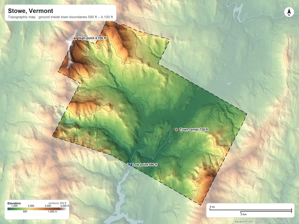 Topographic elevation map of Stowe, Vermont, shaded from 590 ft on the southwest side to 4,100 ft on the northwest edge, below higher ground just outside