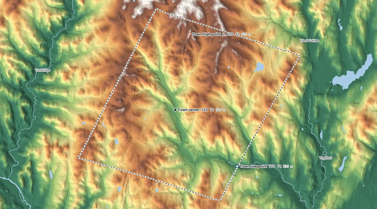 Topographic elevation map of Strafford, Vermont, shaded from 770 ft on the southeast side to 2,020 ft on the north side