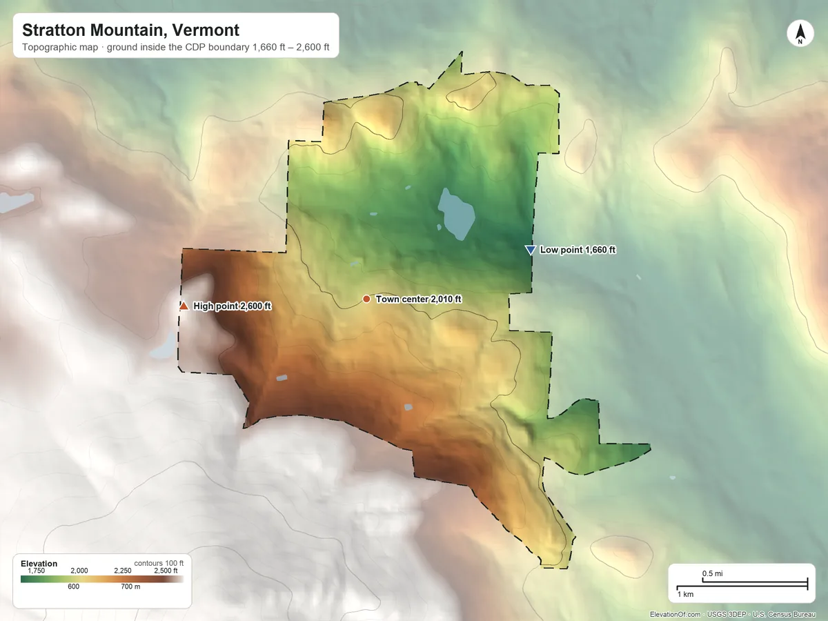 Topographic elevation map of Stratton Mountain, Vermont, shaded from 1,660 ft on the east side to 2,600 ft on the west edge, below higher ground just outside