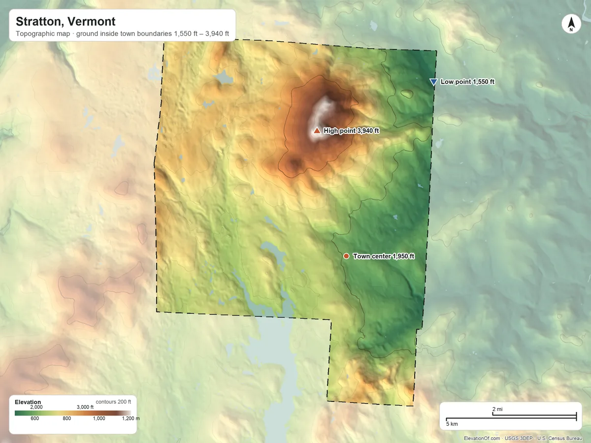 Topographic elevation map of Stratton, Vermont, shaded from 1,550 ft on the northeast side to 3,940 ft on Stratton Mountain