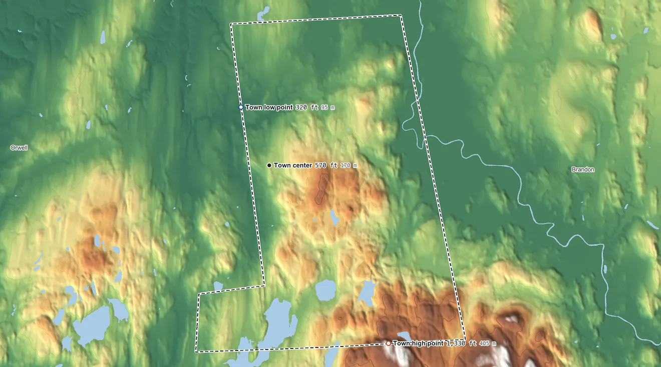 Topographic elevation map of Sudbury, Vermont, shaded from 320 ft on the northwest side to 1,330 ft on the southeast side
