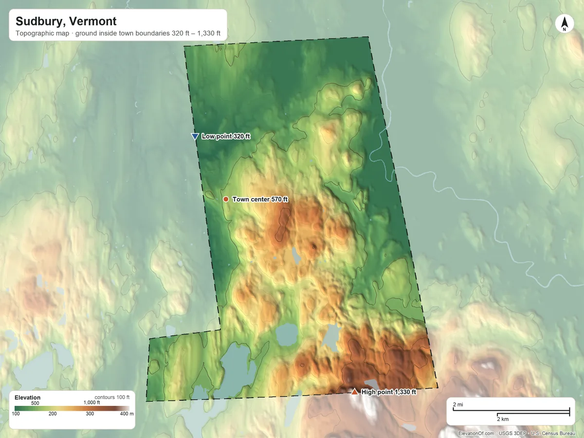 Topographic elevation map of Sudbury, Vermont, shaded from 320 ft on the northwest side to 1,330 ft on the southeast side