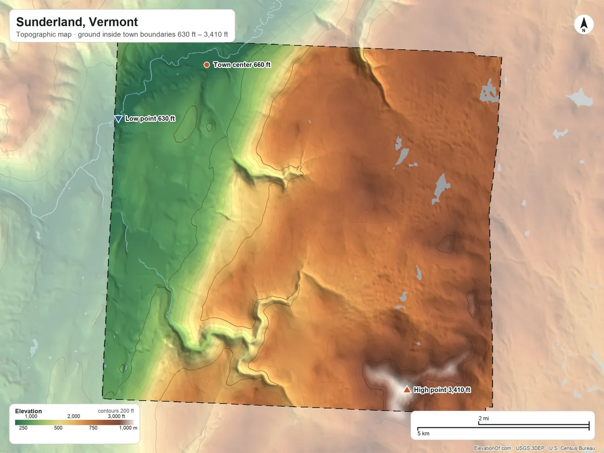 Topographic elevation map of Sunderland, Vermont, shaded from 630 ft on the southwest side to 3,410 ft on the southeast side