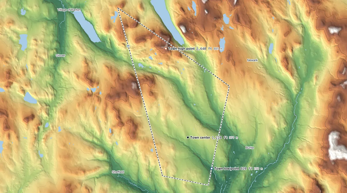 Topographic elevation map of Sutton, Vermont, shaded from 820 ft on the southeast side to 2,640 ft on Mount Hor