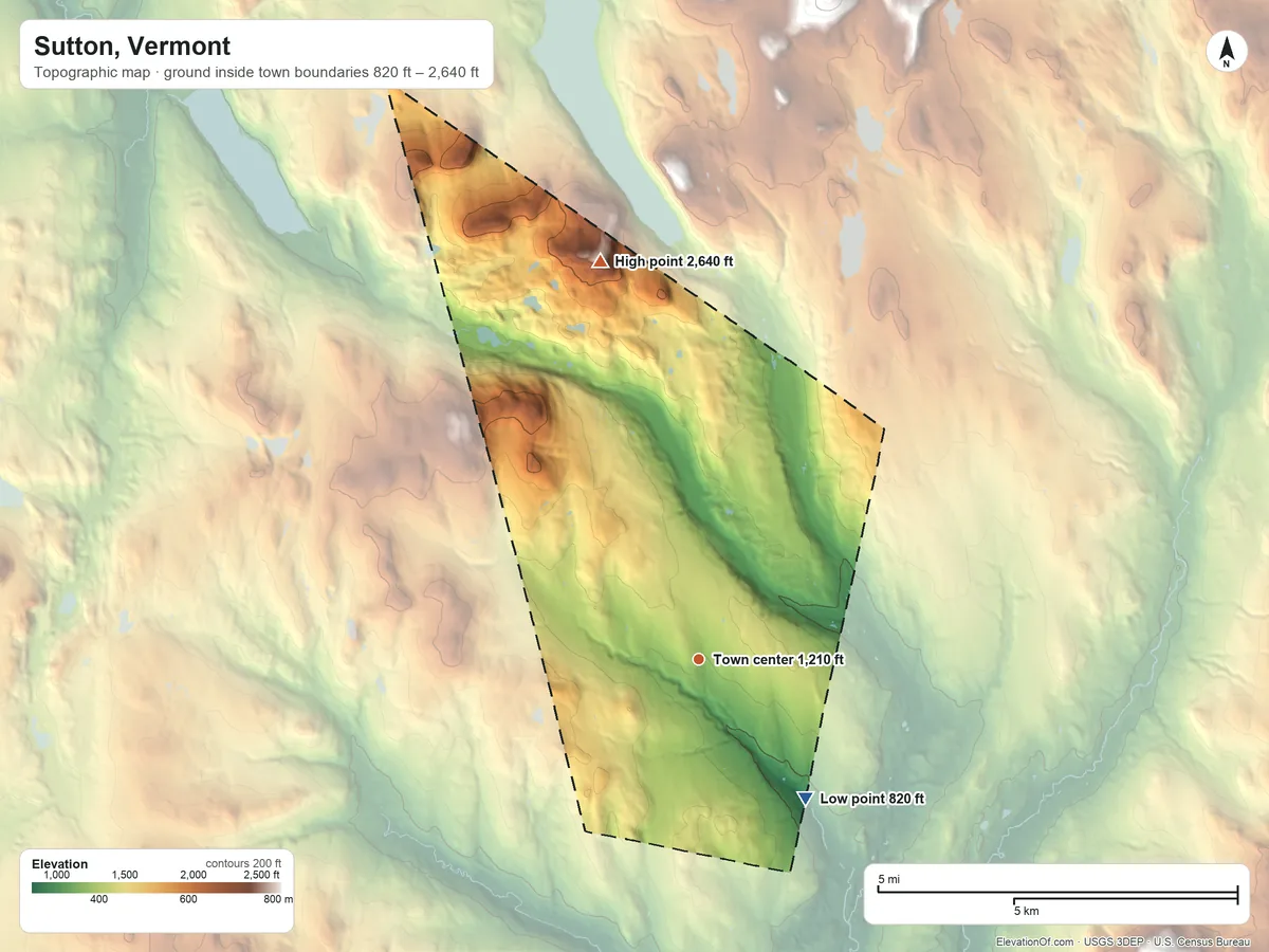 Topographic elevation map of Sutton, Vermont, shaded from 820 ft on the southeast side to 2,640 ft on Mount Hor