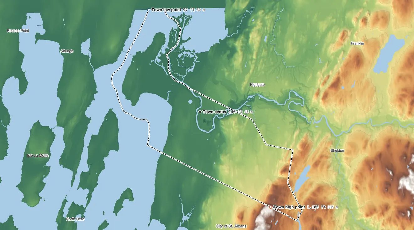Topographic elevation map of Swanton, Vermont, shaded from 97 ft on the northwest side to 1,100 ft on the southeast side