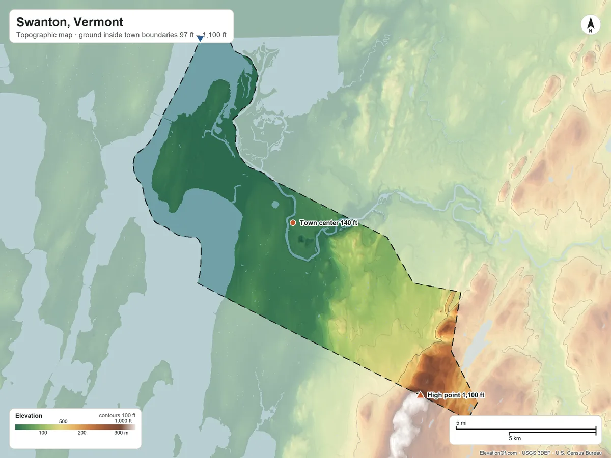 Topographic elevation map of Swanton, Vermont, shaded from 97 ft on the northwest side to 1,100 ft on the southeast side