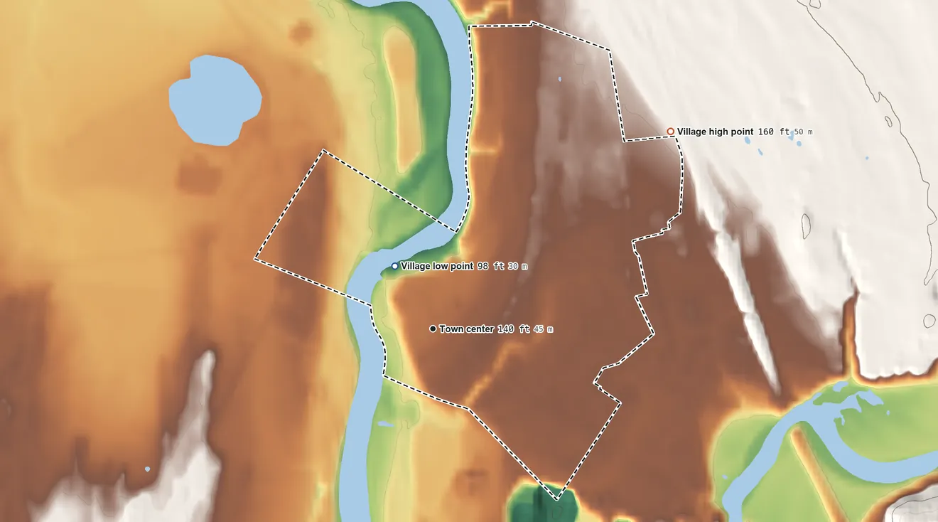 Topographic elevation map of Village of Swanton, Vermont, shaded from 98 ft on the northwest side to 160 ft on the northeast side