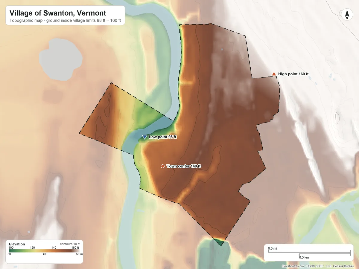 Topographic elevation map of Village of Swanton, Vermont, shaded from 98 ft on the northwest side to 160 ft on the northeast side