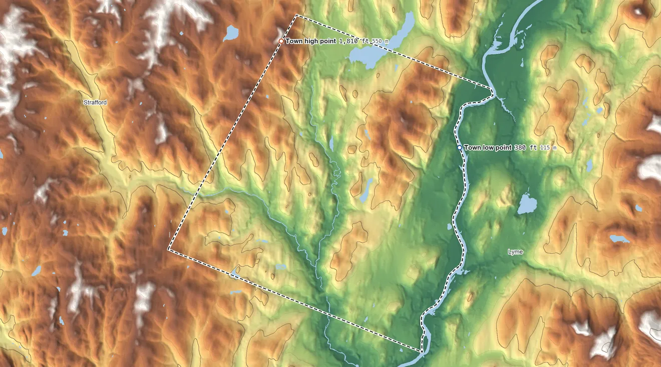 Topographic elevation map of Thetford, Vermont, shaded from 380 ft on the east side to 1,810 ft on the north edge, below higher ground just outside