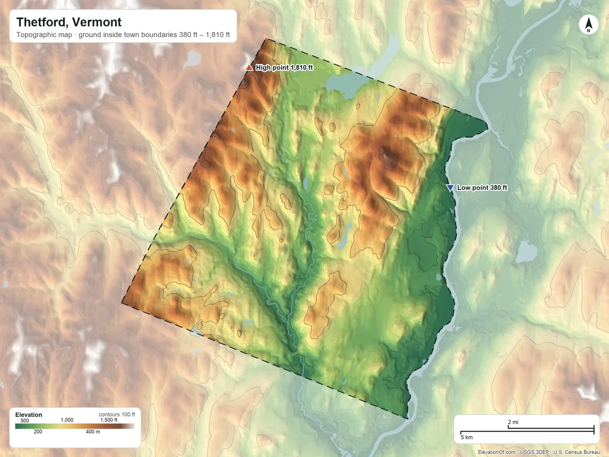 Topographic elevation map of Thetford, Vermont, shaded from 380 ft on the east side to 1,810 ft on the north edge, below higher ground just outside