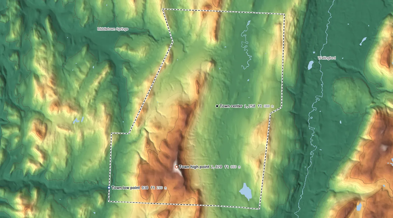 Topographic elevation map of Tinmouth, Vermont, shaded from 930 ft on the southwest side to 2,820 ft on Tinmouth Mountain