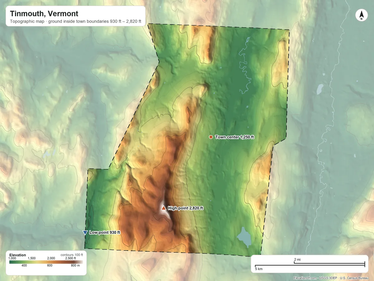 Topographic elevation map of Tinmouth, Vermont, shaded from 930 ft on the southwest side to 2,820 ft on Tinmouth Mountain