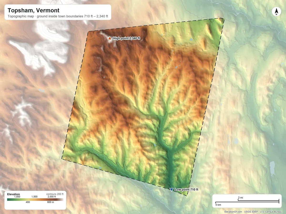 Topographic elevation map of Topsham, Vermont, shaded from 710 ft on the southeast side to 2,340 ft on Fuller Hill