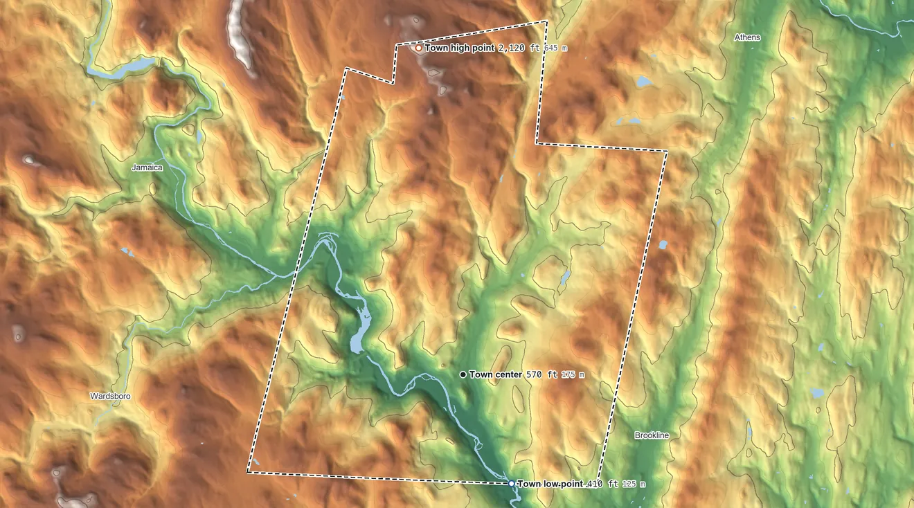 Topographic elevation map of Townshend, Vermont, shaded from 410 ft on the southeast side to 2,120 ft on the north side
