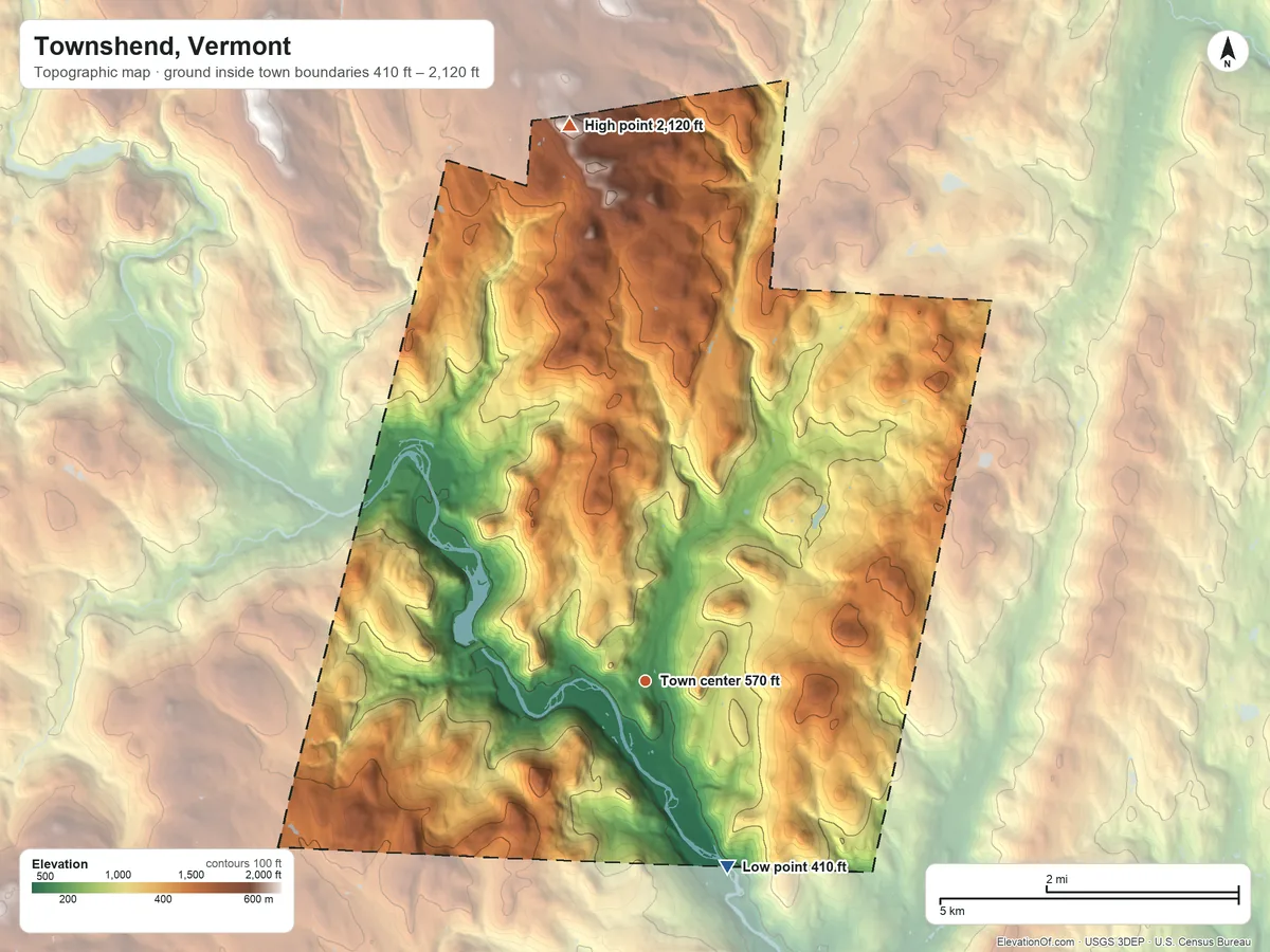 Topographic elevation map of Townshend, Vermont, shaded from 410 ft on the southeast side to 2,120 ft on the north side