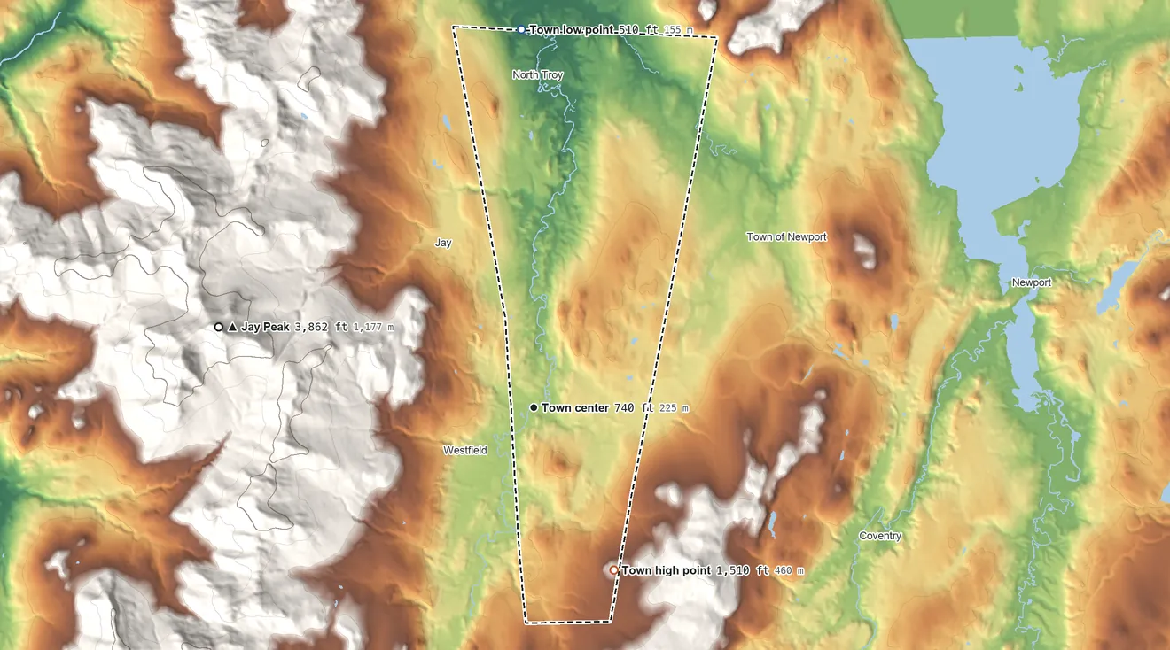 Topographic elevation map of Troy, Vermont, shaded from 510 ft on the north side to 1,510 ft at the foot of the Lowell Mountains