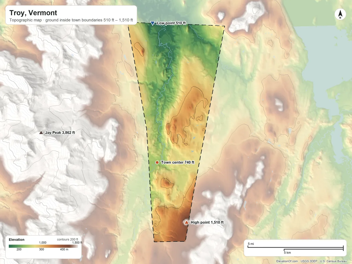 Topographic elevation map of Troy, Vermont, shaded from 510 ft on the north side to 1,510 ft at the foot of the Lowell Mountains