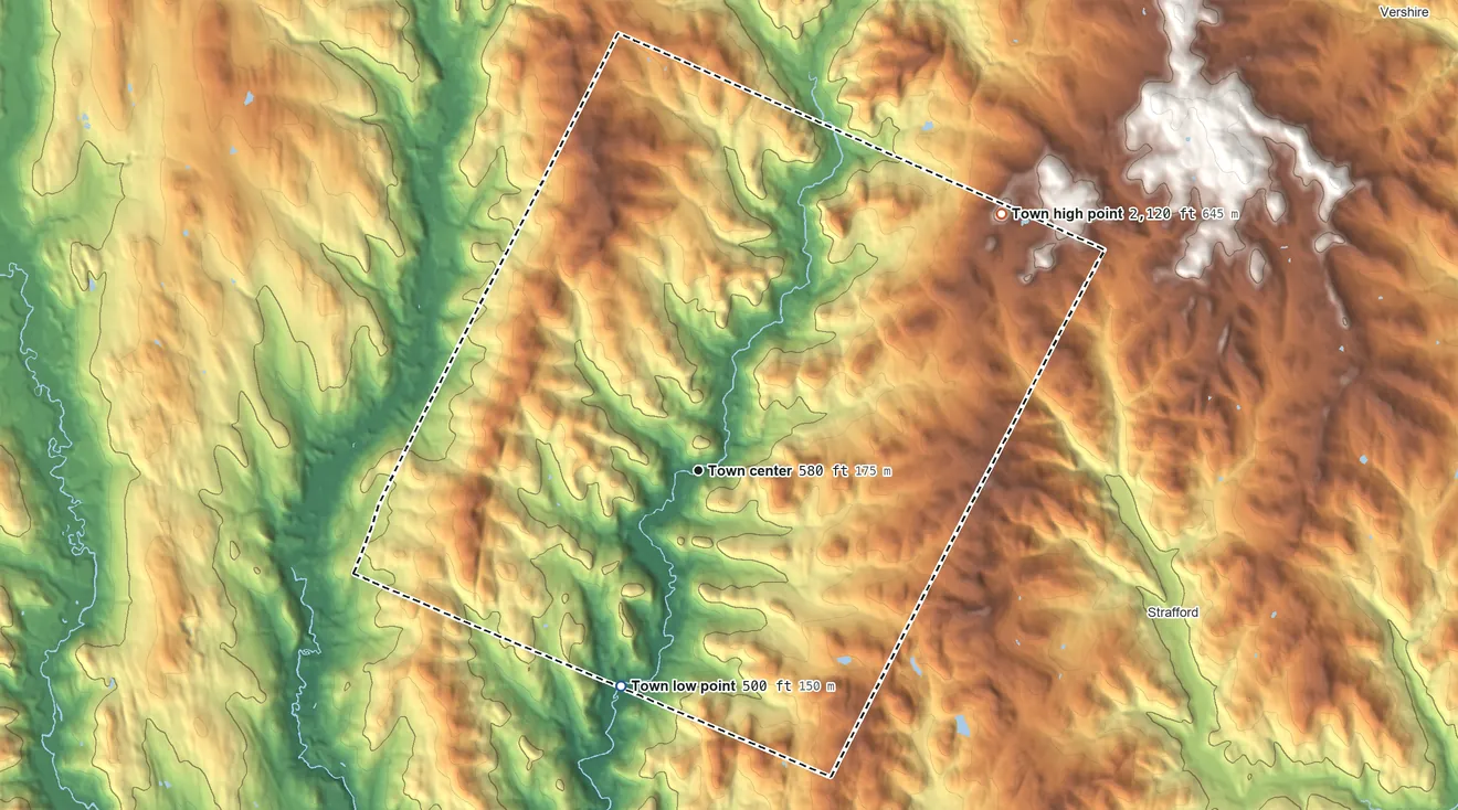 Topographic elevation map of Tunbridge, Vermont, shaded from 500 ft on the south side to 2,120 ft on Brocklebank Hill