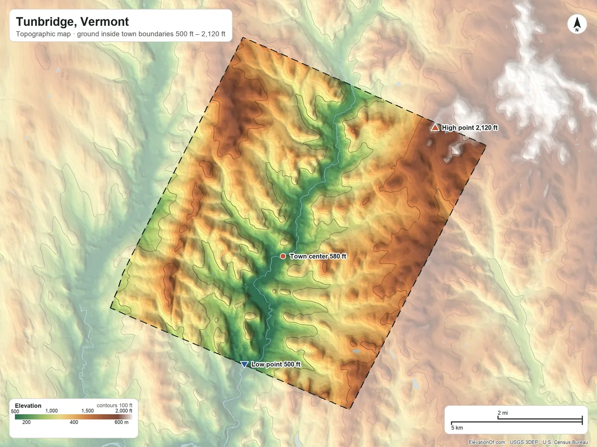Topographic elevation map of Tunbridge, Vermont, shaded from 500 ft on the south side to 2,120 ft on Brocklebank Hill