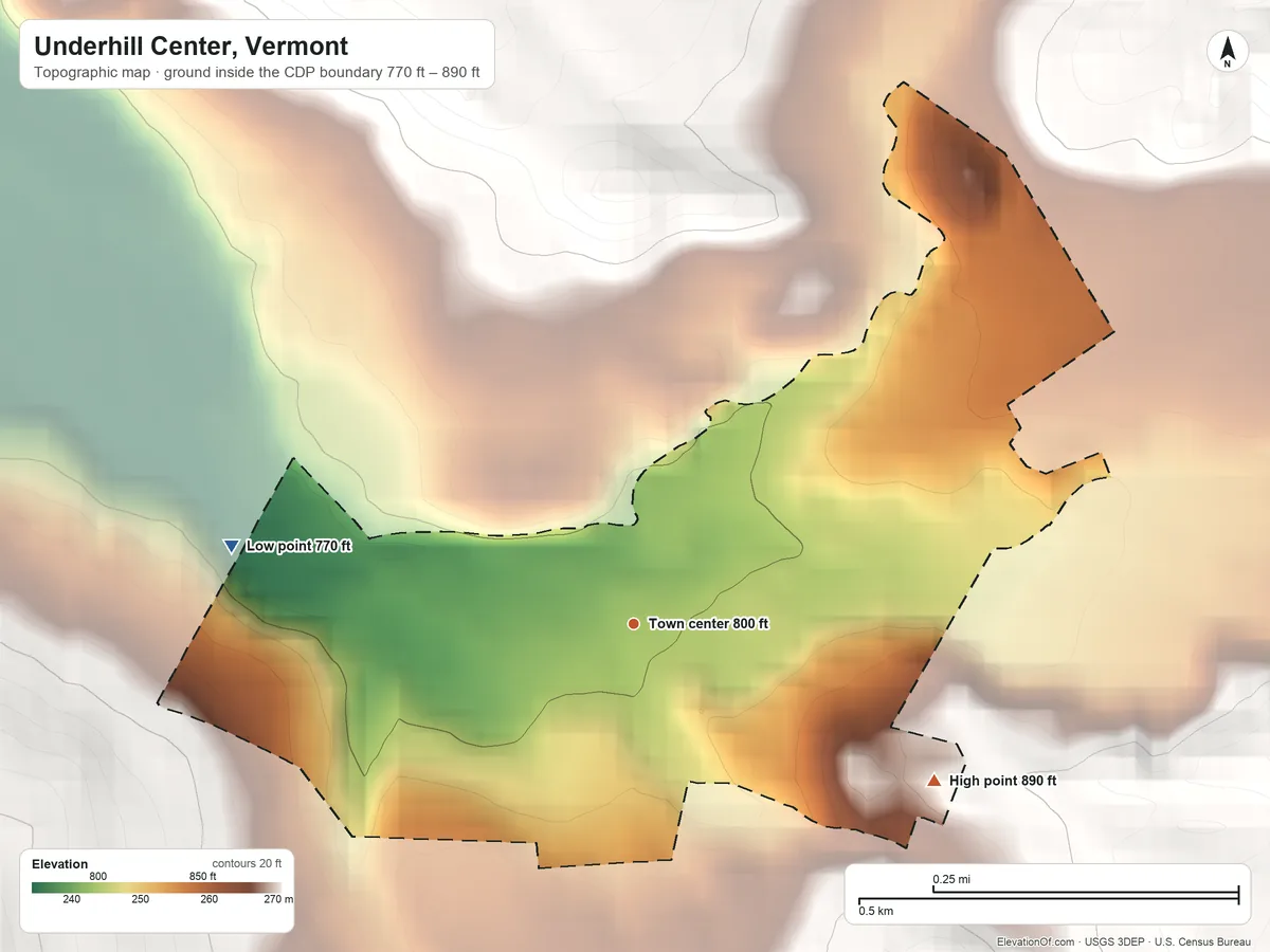 Topographic elevation map of Underhill Center, Vermont, shaded from 770 ft on the west side to 890 ft at the foot of the Sterling Range