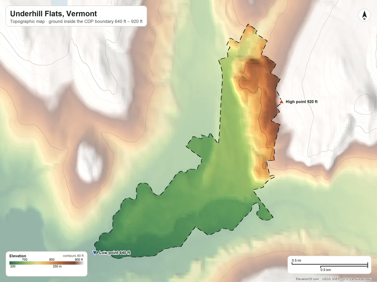 Topographic elevation map of Underhill Flats, Vermont, shaded from 640 ft on the southwest side to 920 ft at the foot of the Sterling Range