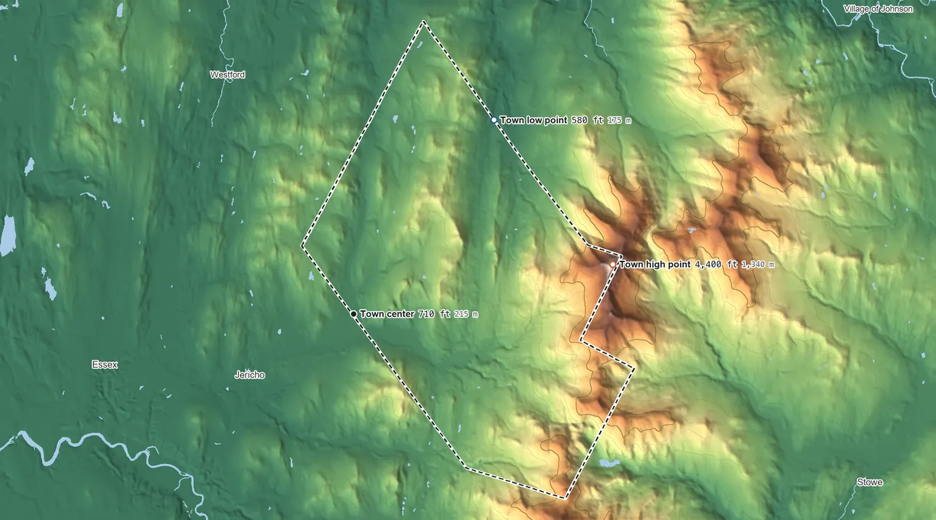 Topographic elevation map of Underhill, Vermont, shaded from 580 ft on the northeast side to 4,395 ft on Mount Mansfield