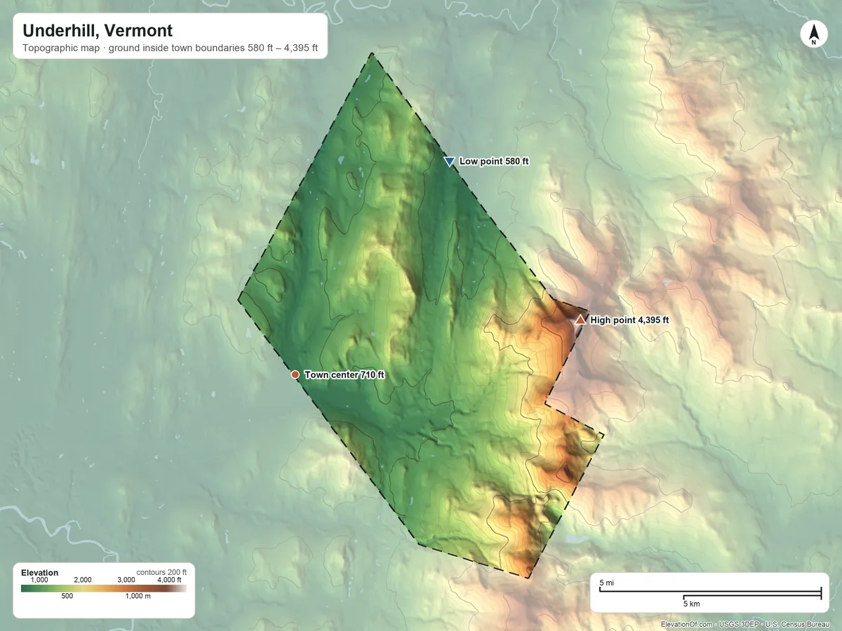 Topographic elevation map of Underhill, Vermont, shaded from 580 ft on the northeast side to 4,395 ft on Mount Mansfield