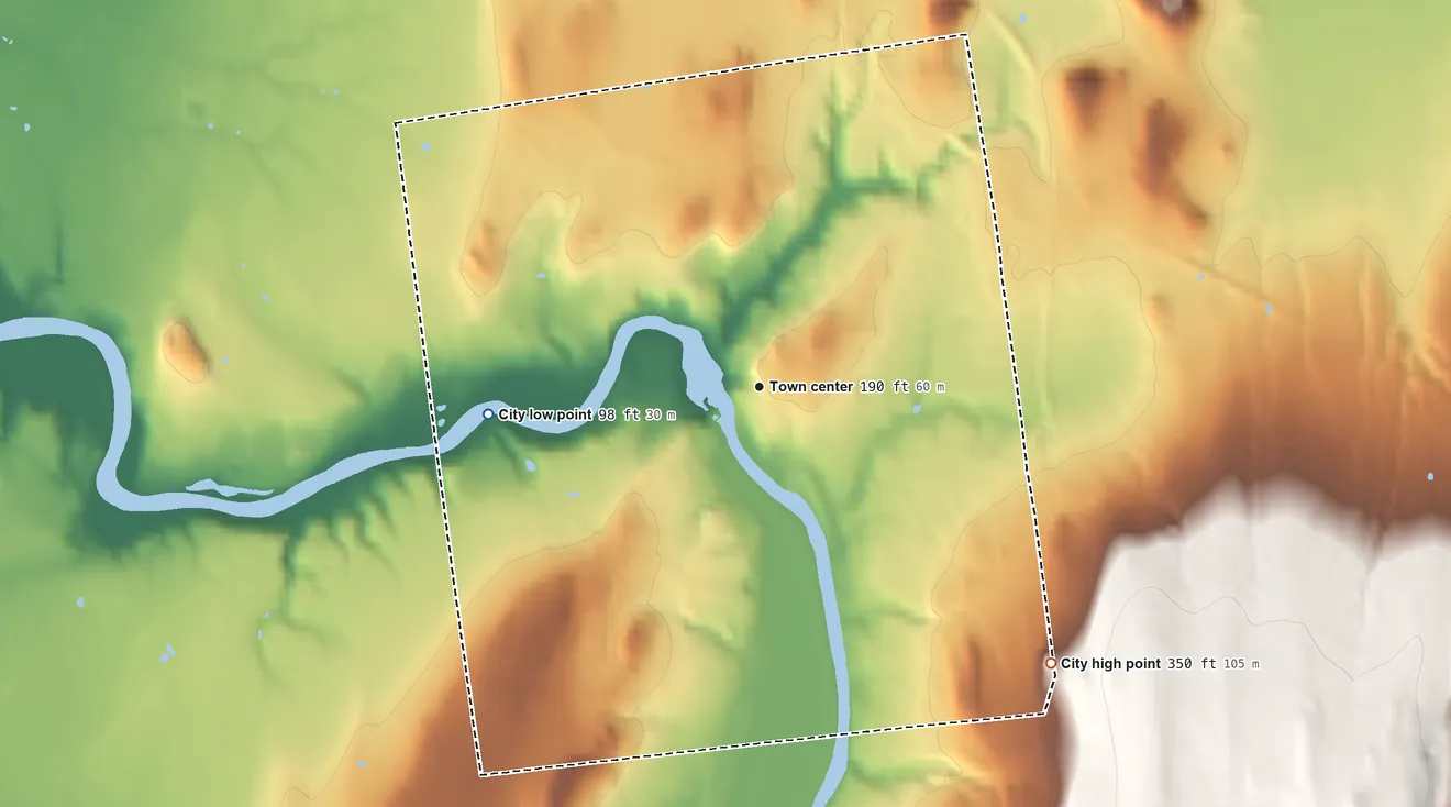 Topographic elevation map of Vergennes, Vermont, shaded from 98 ft on the west side to 350 ft on the southeast edge, below higher ground just outside