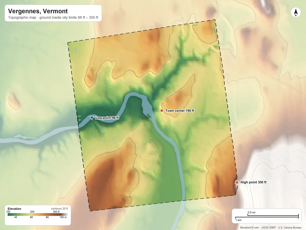Topographic elevation map of Vergennes, Vermont, shaded from 98 ft on the west side to 350 ft on the southeast edge, below higher ground just outside