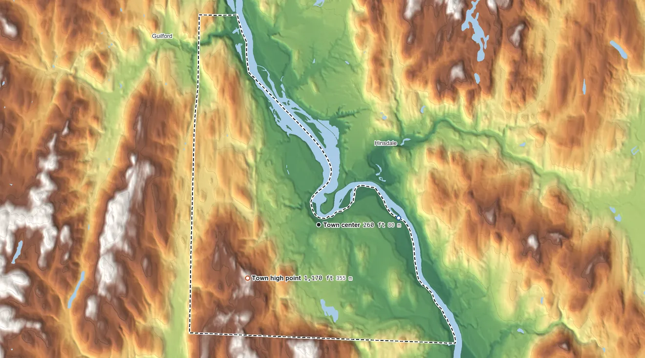 Topographic elevation map of Vernon, Vermont, shaded from 180 ft on the east side to 1,170 ft on the southwest side