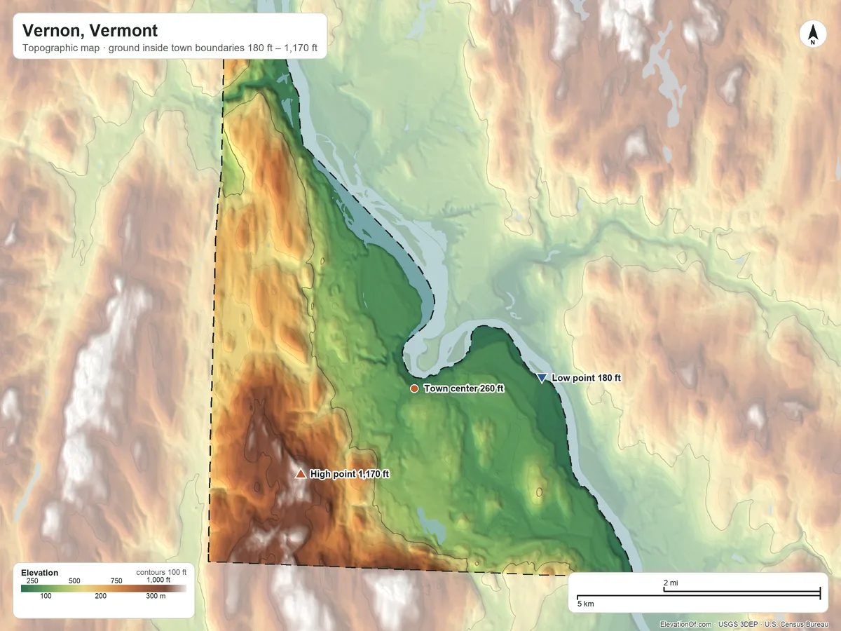 Topographic elevation map of Vernon, Vermont, shaded from 180 ft on the east side to 1,170 ft on the southwest side