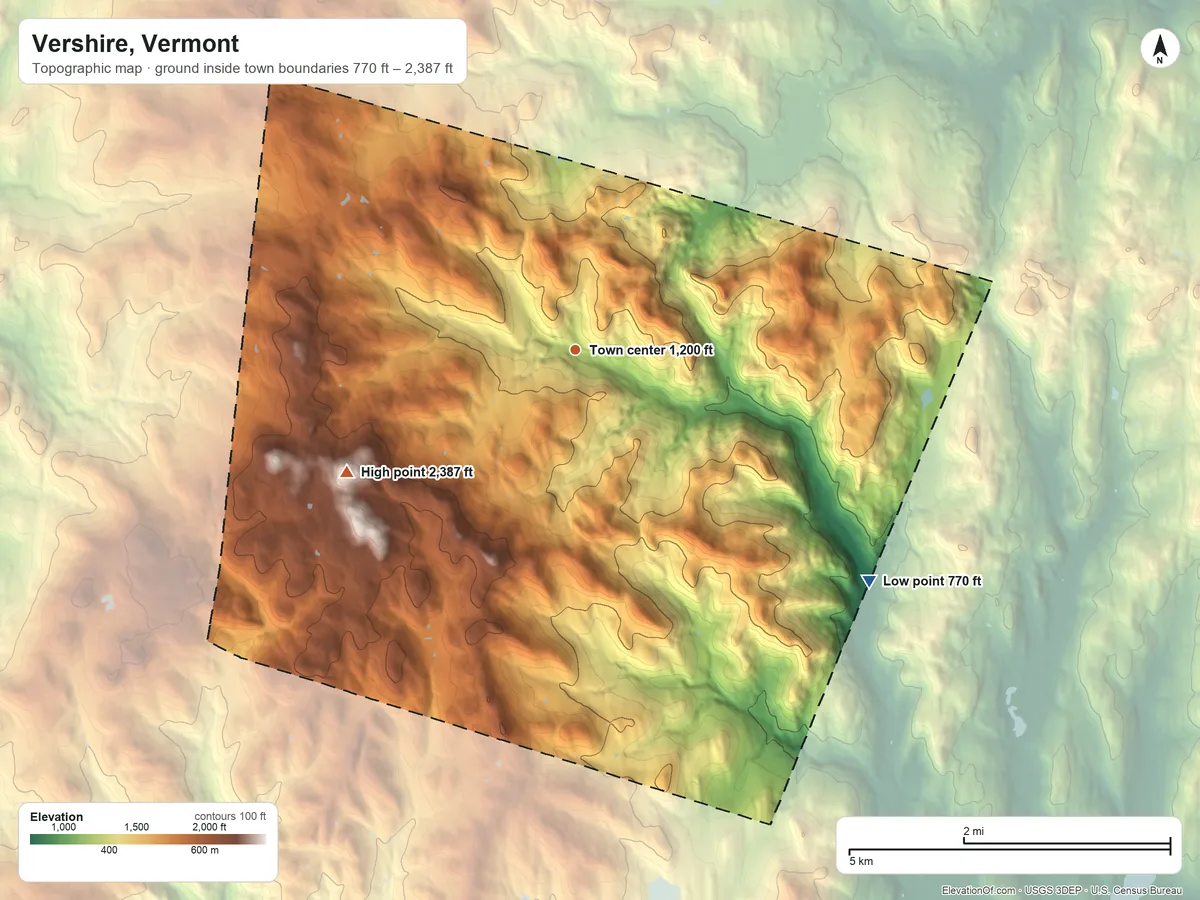 Topographic elevation map of Vershire, Vermont, shaded from 770 ft on the southeast side to 2,387 ft on Colton Hill