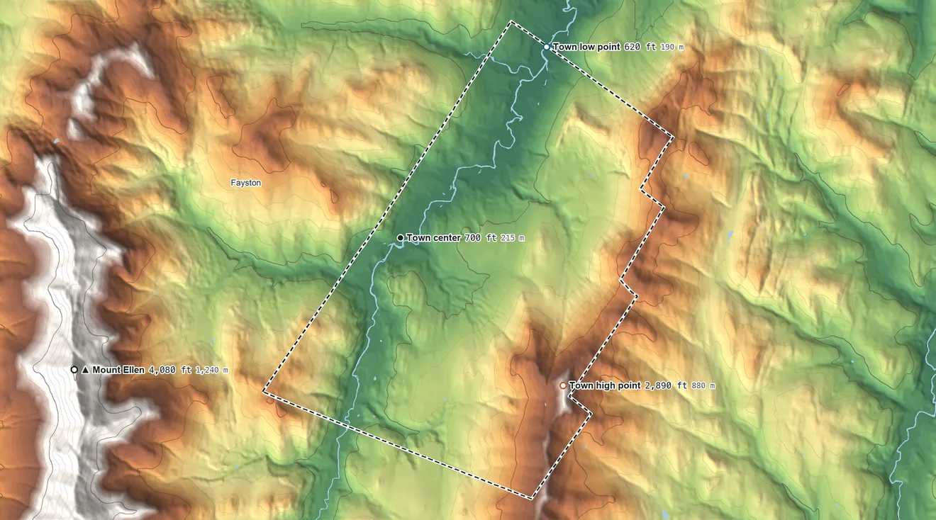 Topographic elevation map of Waitsfield, Vermont, shaded from 620 ft on the northeast side to 2,890 ft on Scrag Mountain