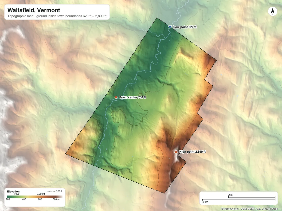 Topographic elevation map of Waitsfield, Vermont, shaded from 620 ft on the northeast side to 2,890 ft on Scrag Mountain